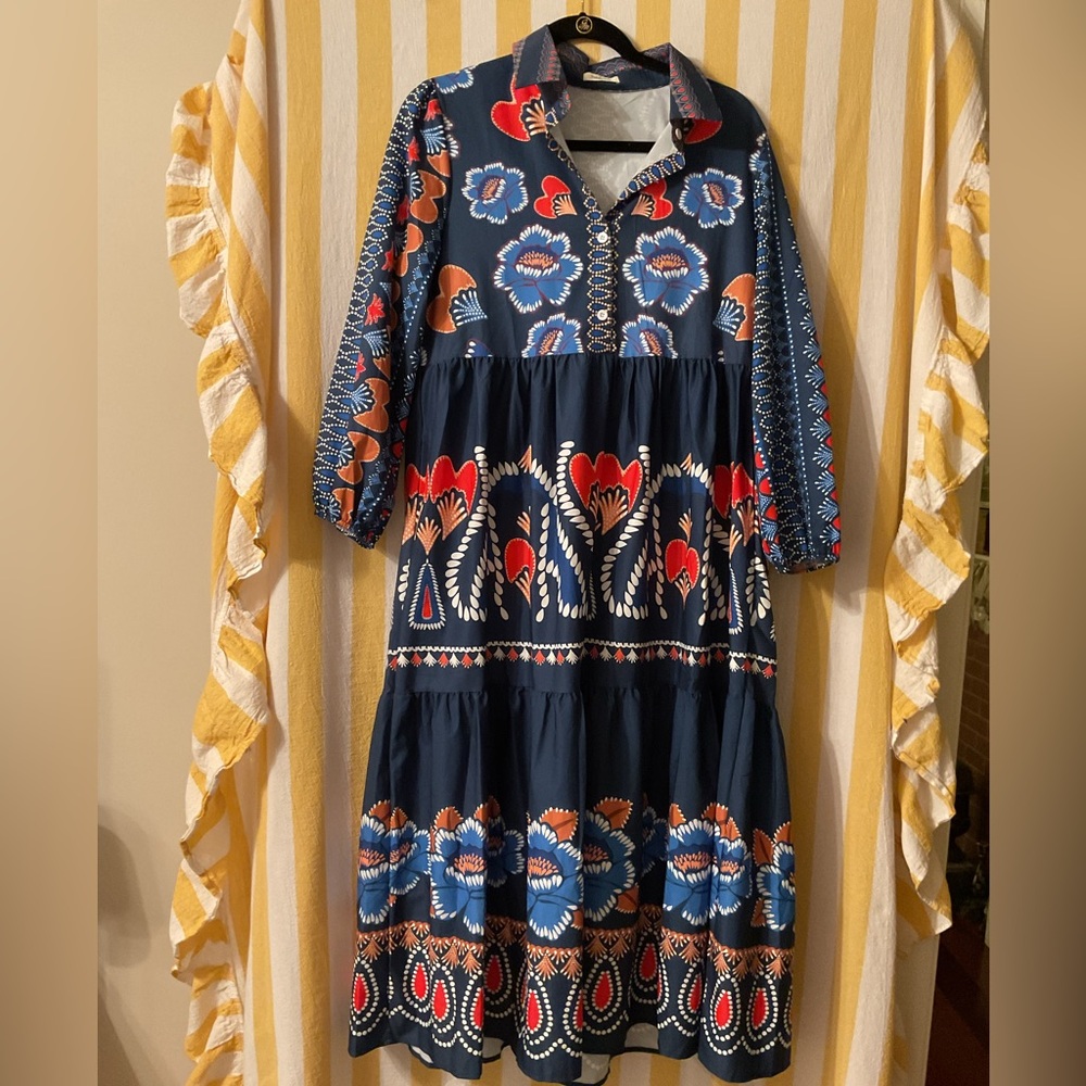 ✨ Sunday Up Navy Blue Boho Floral Tiered Midi Dress Size Medium ✨